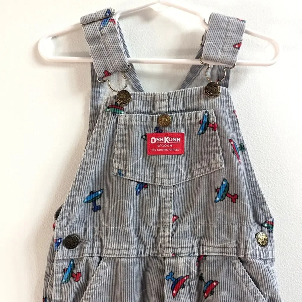 Vtg 90s Oshkosh Bgosh Overalls Boys Sz 4T Gray Corduroy Airplanes